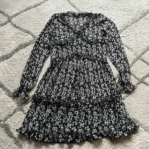 Express black floral Tiered Ruffle boho Mini Dress  long sleeve XXS